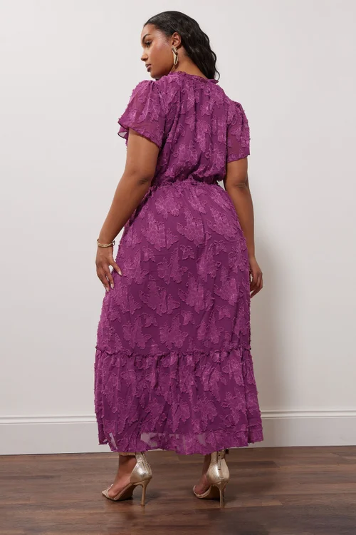 Yours London Curve Purple Burn Out Jacquard Ruffle Dress - 26-28 Image 3