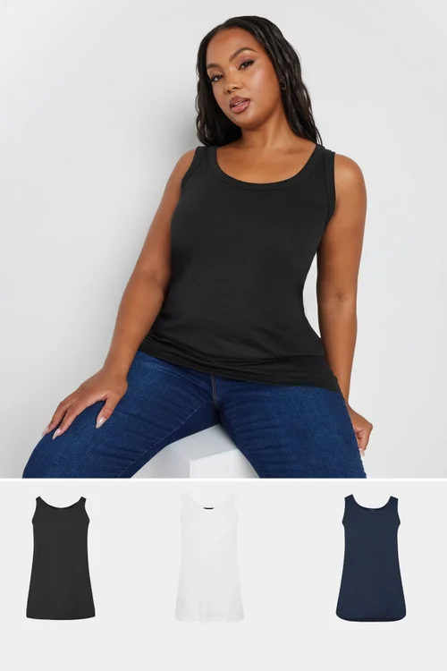 Yours 3 Pack Curve Navy Blue, Black & White Core Vest Tops - Size 38-40 Image 1