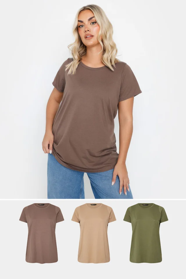 Yours 3 Pack Curve Brown & Green Essential T Shirts