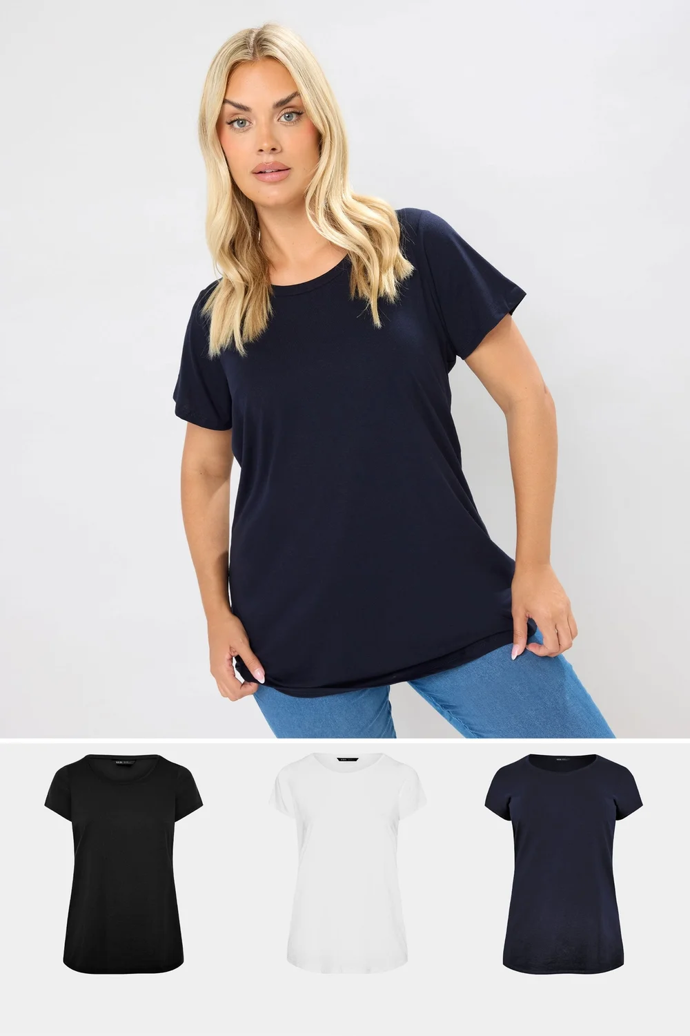 Yours 3 Pack Curve Navy Blue & Black Core T Shirts - 26-28 Image 2