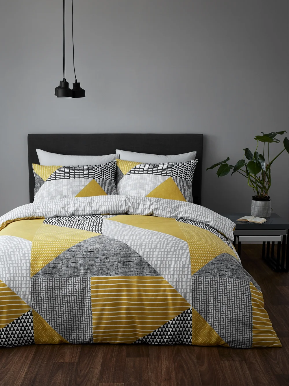 Catherine Lansfield Larsson Geo Reversible Duvet Cover Set Ochre Yellow - Single Image 1