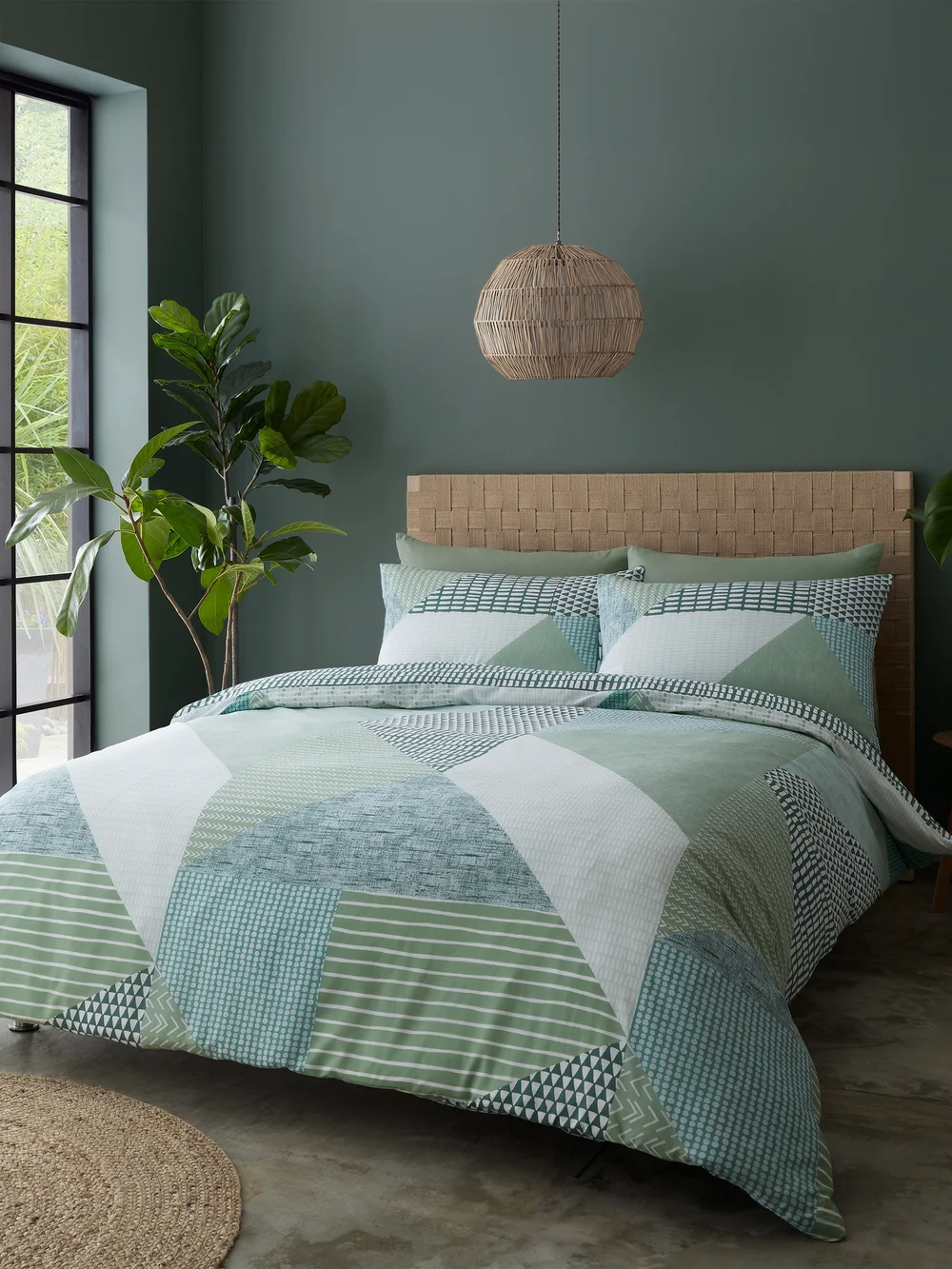 Catherine Lansfield Larsson Geo Reversible Duvet Cover Set Green - Single Image 1