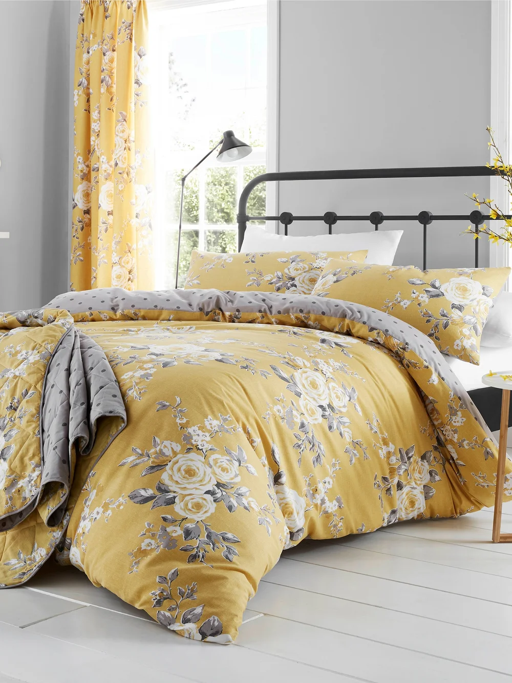 Catherine Lansfield Canterbury Floral Reversible Duvet Cover Set Ochre Yellow - Single Image 1