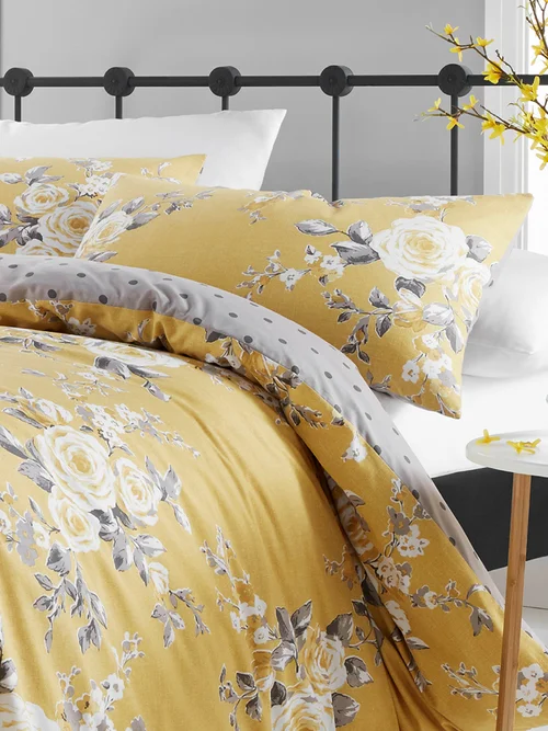Catherine Lansfield Canterbury Floral Reversible Duvet Cover Set Ochre Yellow - Single Image 2