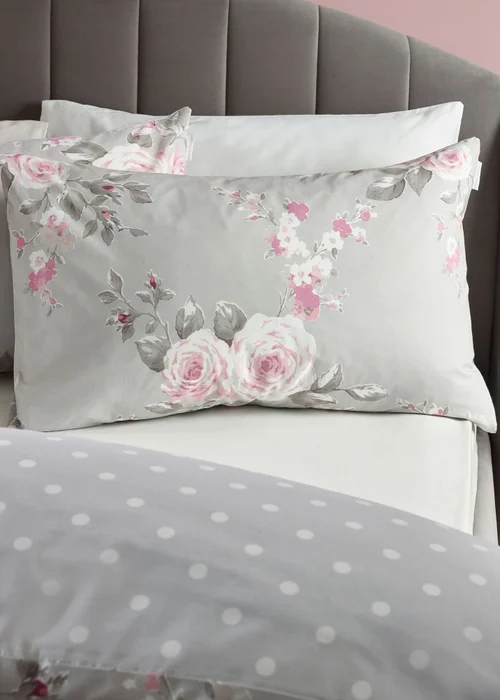 Catherine Lansfield Canterbury Floral Reversible Duvet Cover Set Grey - Single Image 3