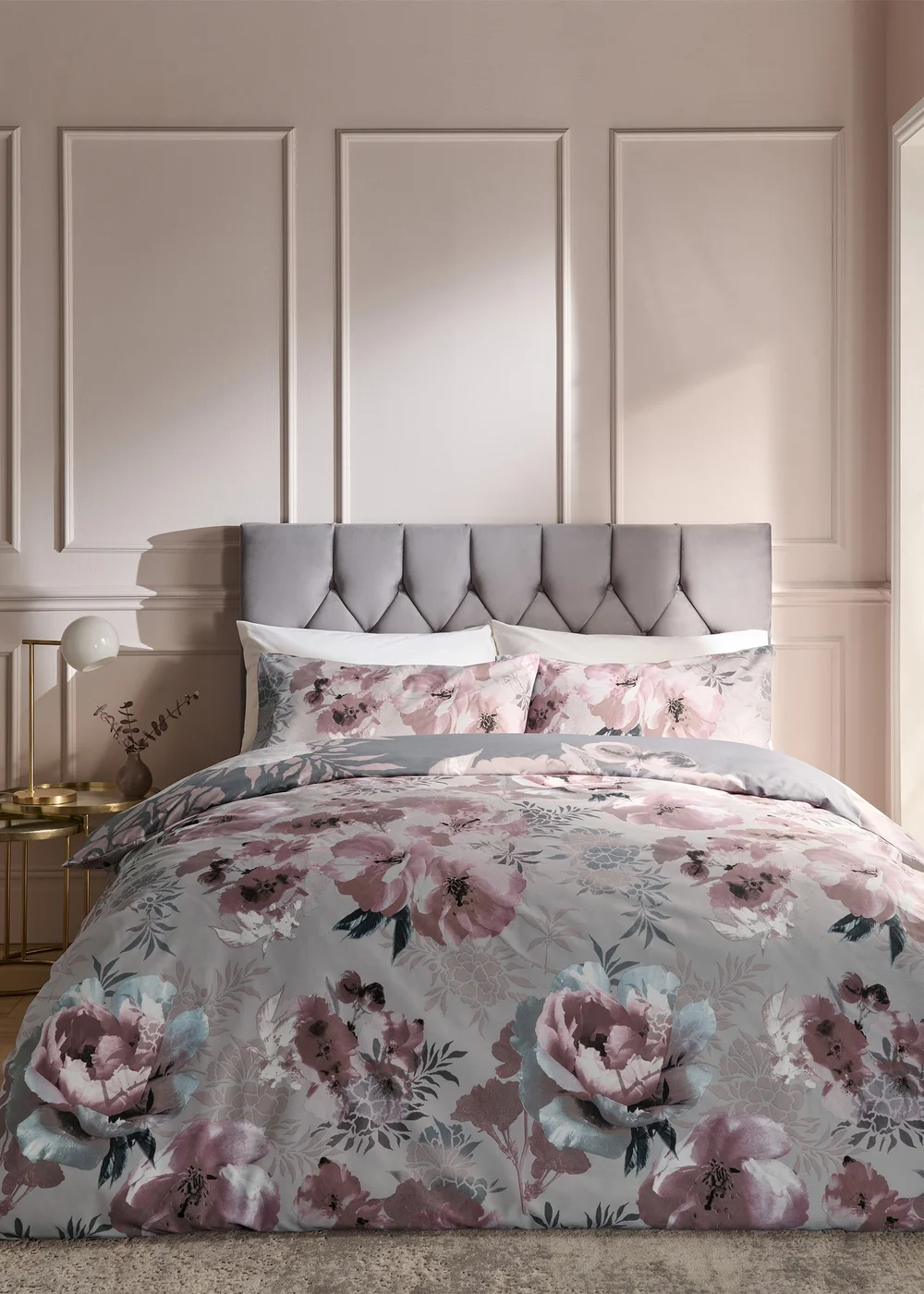 Catherine Lansfield Dramatic Floral Reversible Duvet Cover Set Grey - Single Image 2