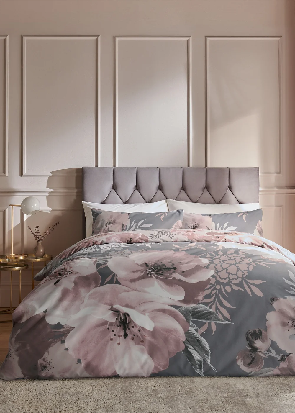 Catherine Lansfield Dramatic Floral Reversible Duvet Cover Set Grey - Single Image 1