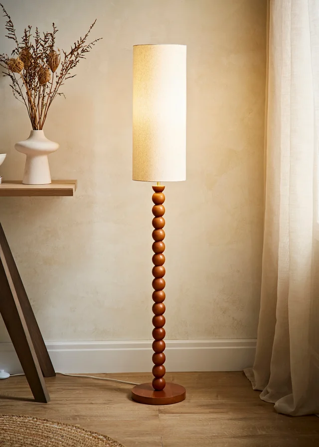 ValueLights Wyatt Linen Tall Lamp Shade Walnut Wood Bobbin Floor Lamp
