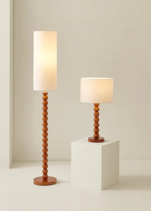 ValueLights Wyatt Linen Tall Lamp Shade Walnut Wood Bobbin Floor Lamp - One Size Image 3