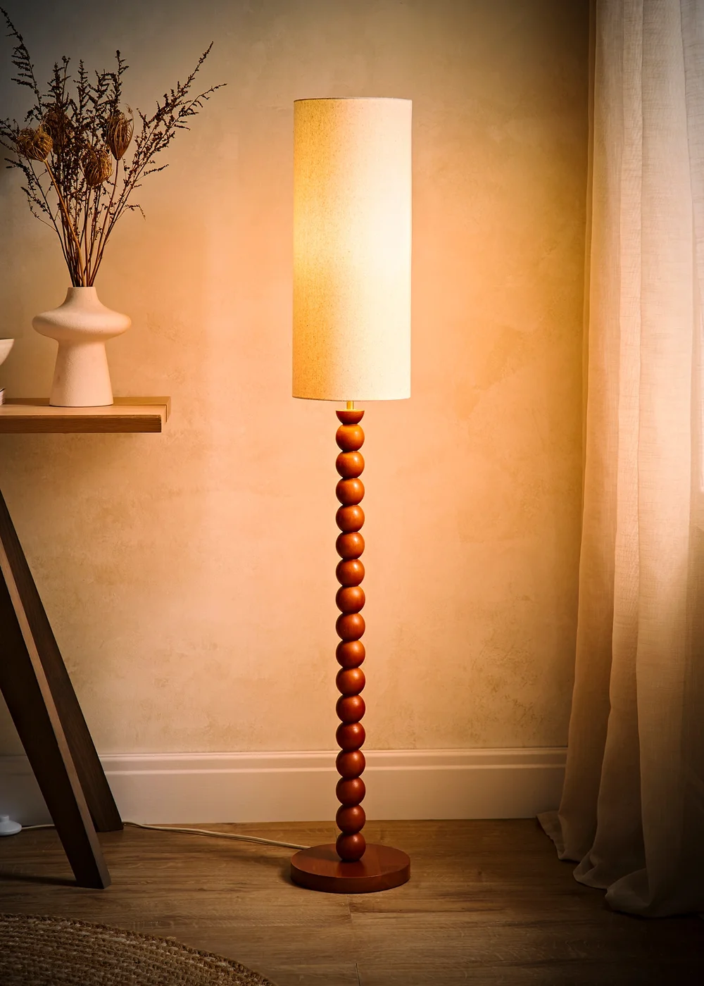 ValueLights Wyatt Linen Tall Lamp Shade Walnut Wood Bobbin Floor Lamp - One Size Image 2