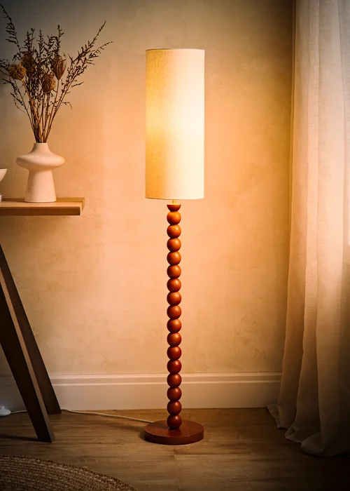 ValueLights Wyatt Linen Tall Lamp Shade Walnut Wood Bobbin Floor Lamp - One Size Image 2