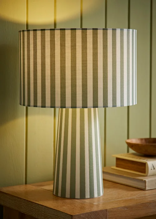 ValueLights Thorley Green Stripe Drum Shade Full Fabric Table Lamp - One Size Image 1