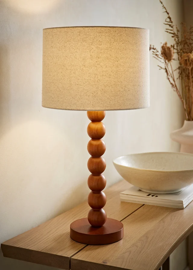 ValueLights Wyatt Linen Drum Lamp Shade Walnut Wood Bobbin Table Lamp