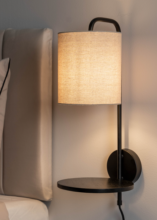 ValueLights Ryan Natural Linen Lamp Shade Metal Wall with Black Wood Shelf - One Size Image 2