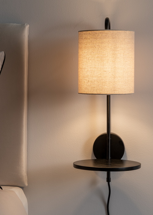 ValueLights Ryan Natural Linen Lamp Shade Metal Wall with Black Wood Shelf - One Size Image 4