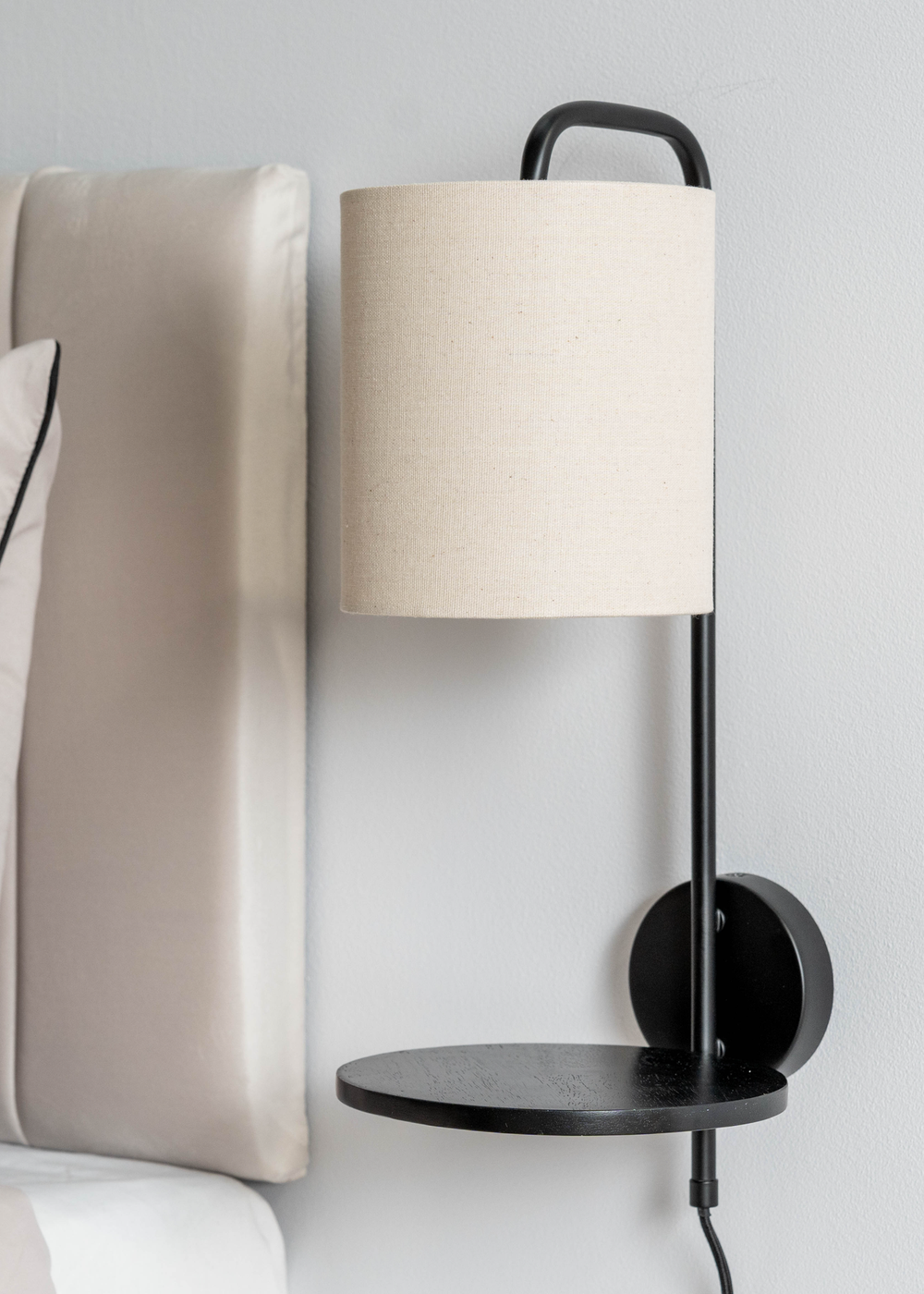 ValueLights Ryan Natural Linen Lamp Shade Metal Wall with Black Wood Shelf - One Size Image 1