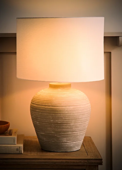 ValueLights Reid Linen Drum Shade Ribbed Ceramic Large Table Lamp - One Size Image 2