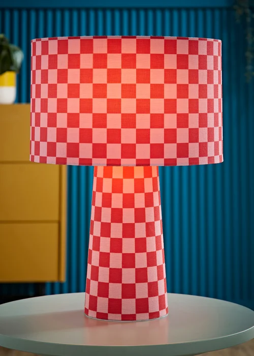 ValueLights Pritchard Pink Checkerboard Drum Shade Full Fabric Table Lamp - One Size Image 1