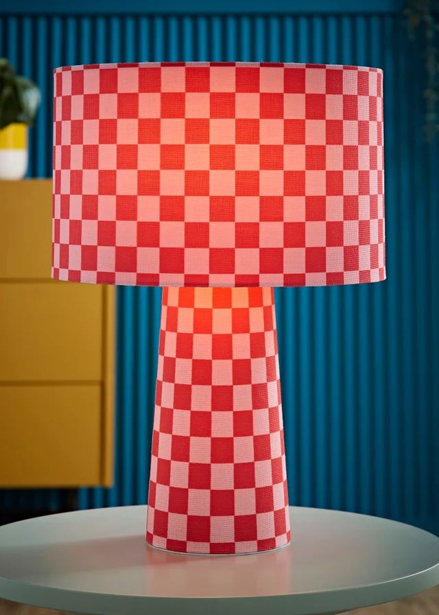 ValueLights Pritchard Pink Checkerboard Drum Shade Full Fabric Table Lamp