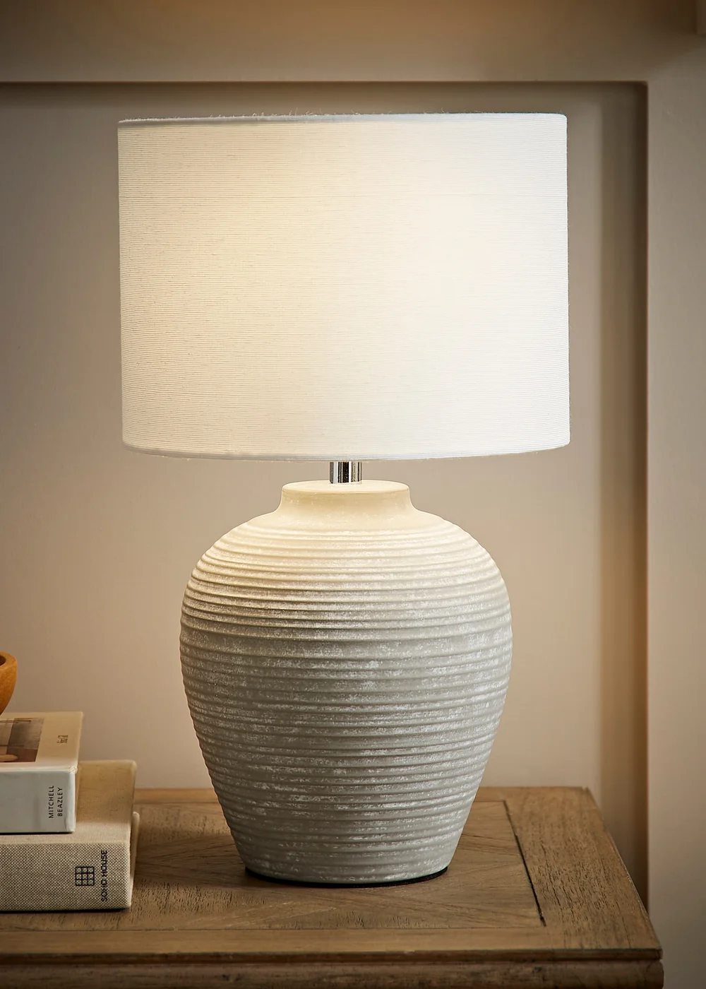 ValueLights Reid Linen Drum Lamp Shade Ribbed Ceramic Small Table Lamp - One Size Image 1