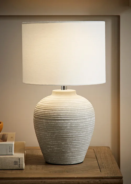 ValueLights Reid Linen Drum Lamp Shade Ribbed Ceramic Small Table Lamp - One Size Image 1