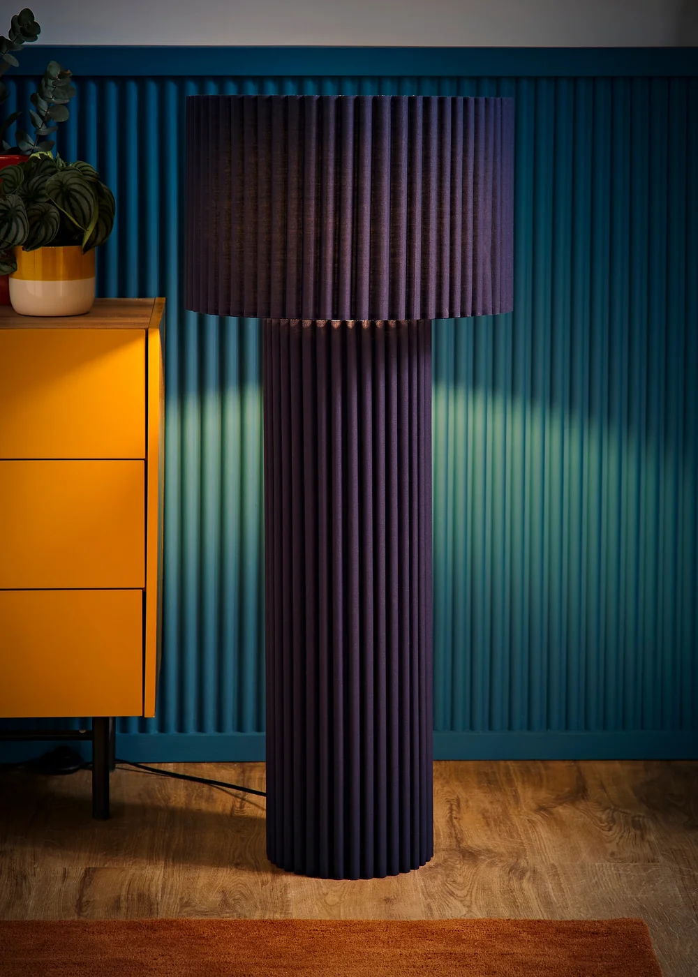 ValueLights Lenny Drum Lamp Shade Colour Drench Ribbed Fabric Midi Floor Lamp - One Size Image 2