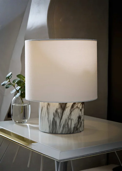 ValueLights Melanie Marble Effect Table Lamp with Linen Shade - One Size Image 1