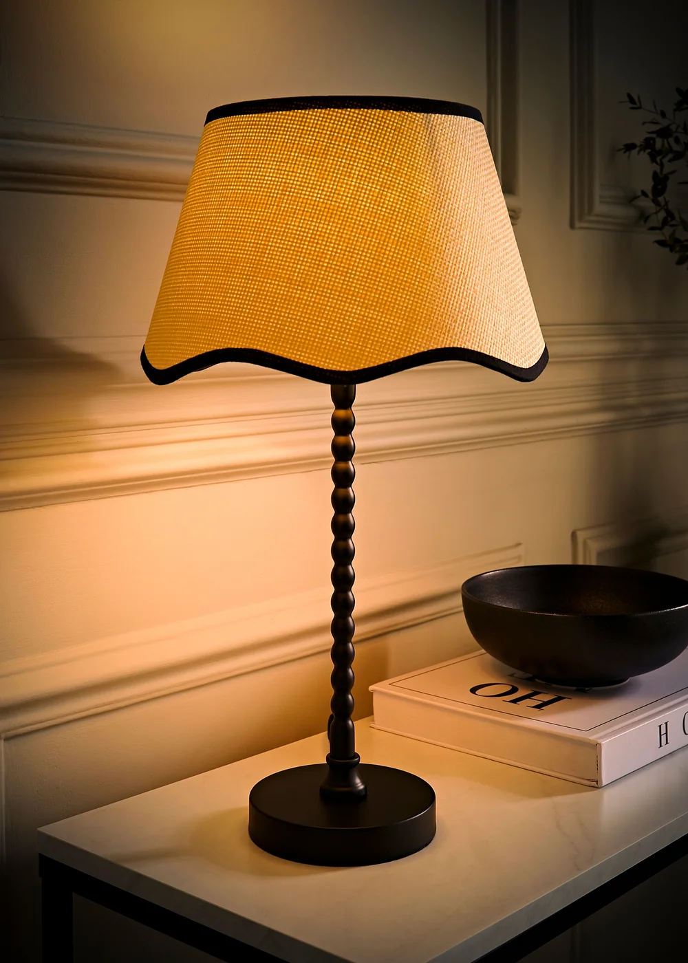 ValueLights Maeve Natural Scallop Black Trim Drum Shade Bobbin Bobble Table Lamp - One Size Image 2