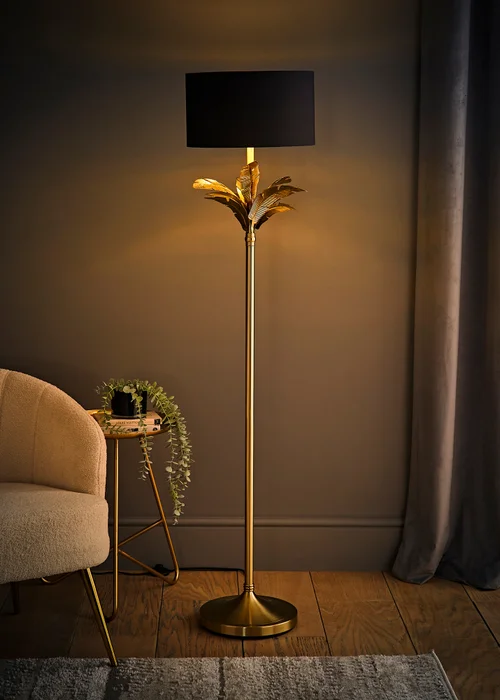 ValueLights Christina Black with Metallic Gold Drum Shade Gold Palm Leaf Floor Lamp - One Size Image 2