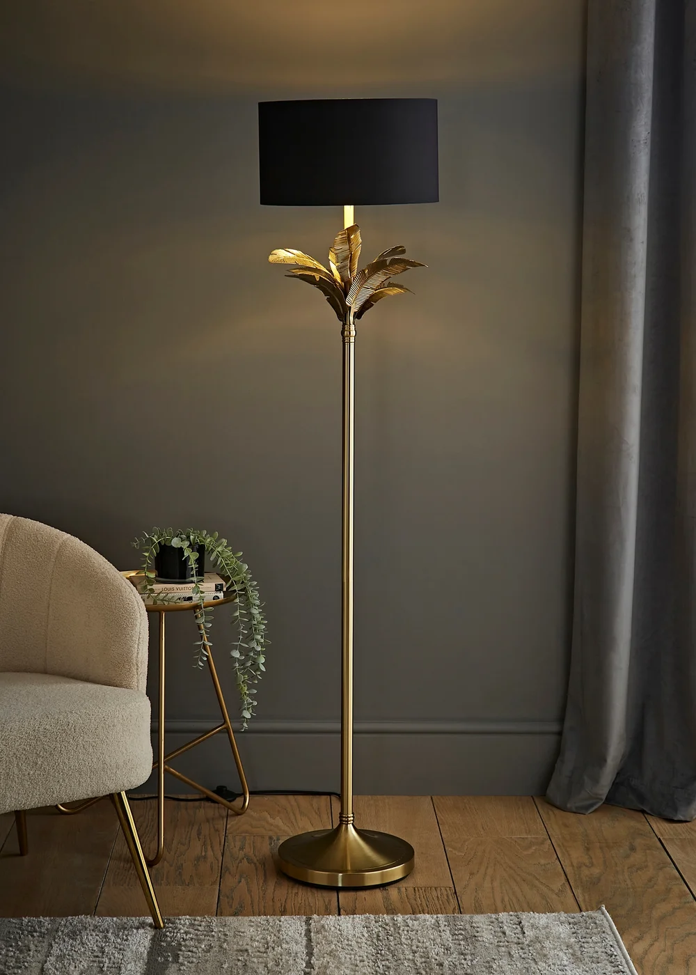 ValueLights Christina Black with Metallic Gold Drum Shade Gold Palm Leaf Floor Lamp - One Size Image 1