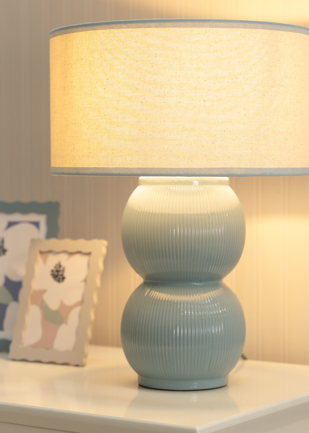 ValueLights Gemma Linen with Trim Drum Lamp Shade Stacked Ribbed Glazed Table Lamp - One Size Image 2