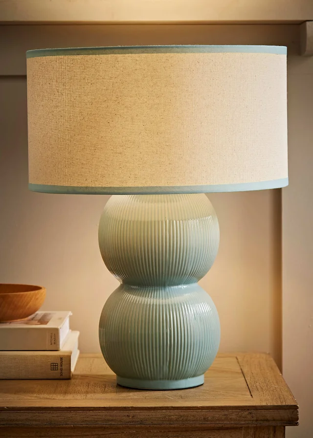 ValueLights Gemma Linen with Trim Drum Lamp Shade Stacked Ribbed Glazed Table Lamp