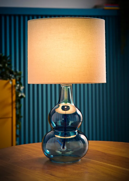 ValueLights Aida Natural Linen Tall Lamp Shade Blue Bubble Glass Table Lamp - One Size Image 2