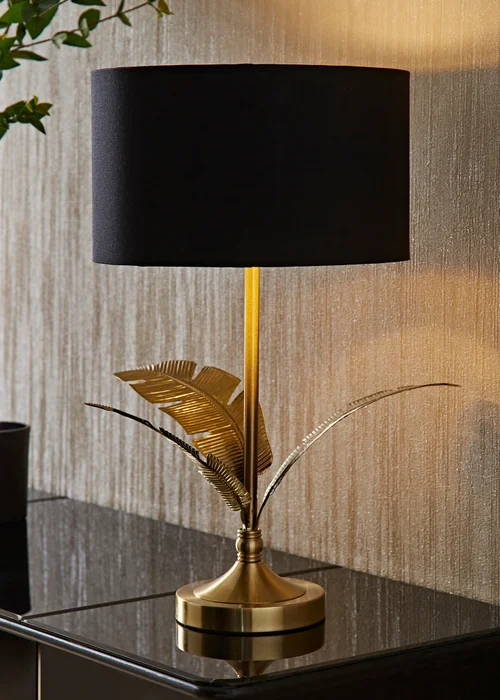 ValueLights Christina Black with Metallic Gold Drum Shade Gold Palm Leaf Table Lamp - One Size Image 1