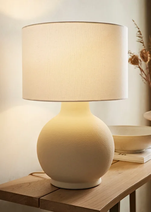 ValueLights Blair Natural Linen Drum Shade Hand Finished Ceramic Stoneware Table Lamp - One Size Image 1