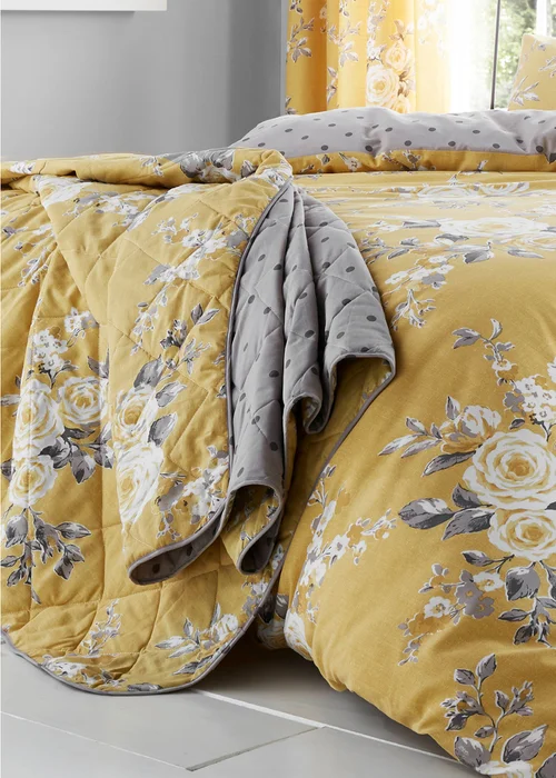Catherine Lansfield Ochre Yellow Canterbury Floral Reversible Quilted Bedspread - One Size Image 1