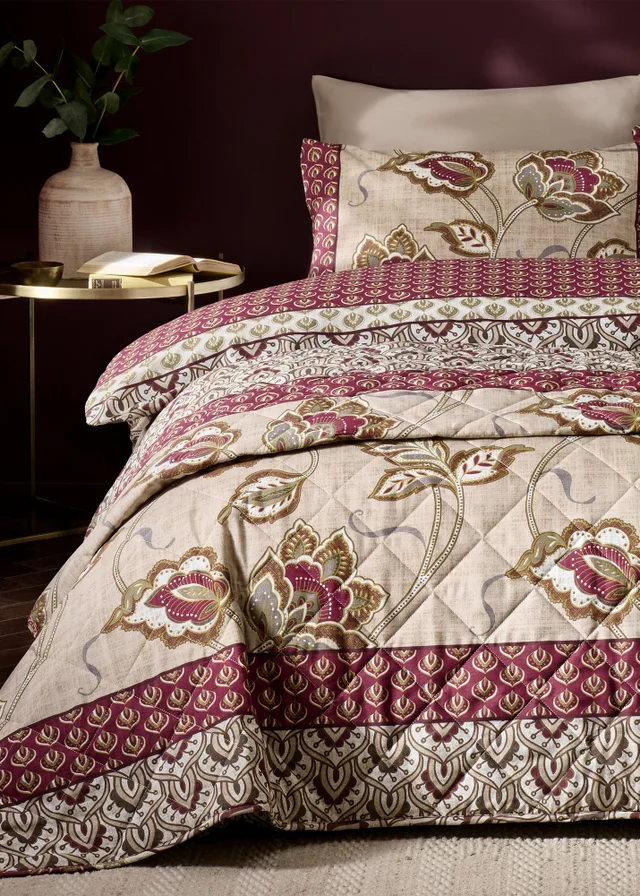 Catherine Lansfield Natural Kashmir Paisley Floral Reversible Quilted Bedspread