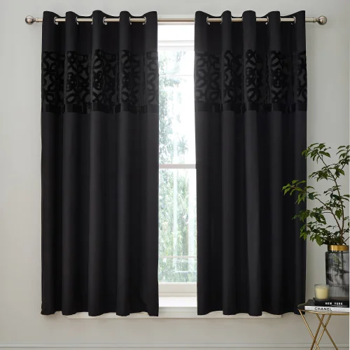 Catherine Lansfield Black Lattice Cut Velvet Lined Eyelet Curtains Two Panels - 66W X 72D (168x183cm) Image 1