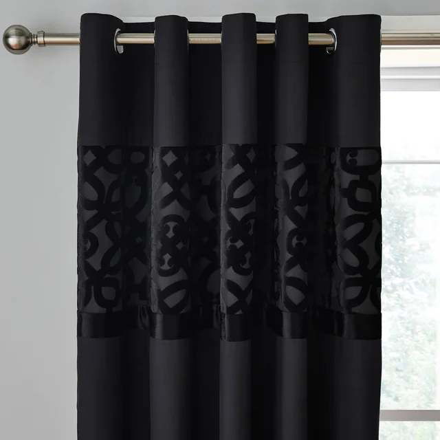 Catherine Lansfield Black Lattice Cut Velvet Lined Eyelet Curtains Two Panels