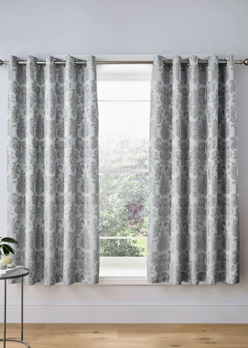 Catherine Lansfield Damask Jacquard Lined Eyelet Curtains Silver Grey - 66W X 72D (168x183cm) Image 2