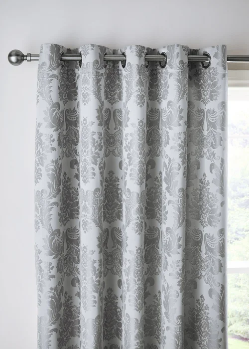 Catherine Lansfield Damask Jacquard Lined Eyelet Curtains Silver Grey - 66W X 72D (168x183cm) Image 1