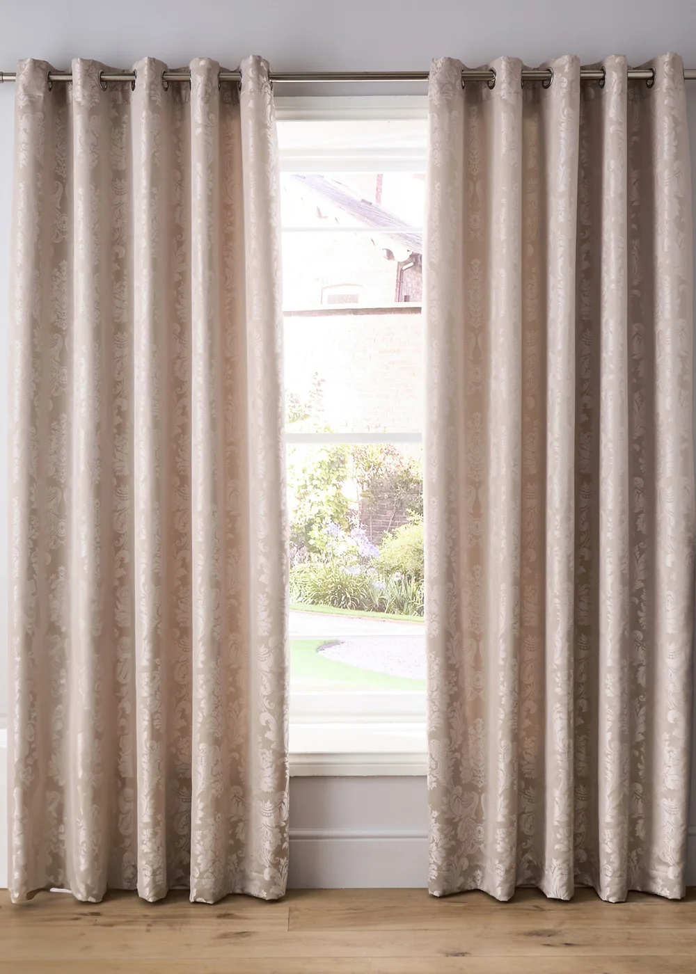 Catherine Lansfield Damask Jacquard Lined Eyelet Curtains Champagne Gold - 66W X 72D (168x183cm) Image 2