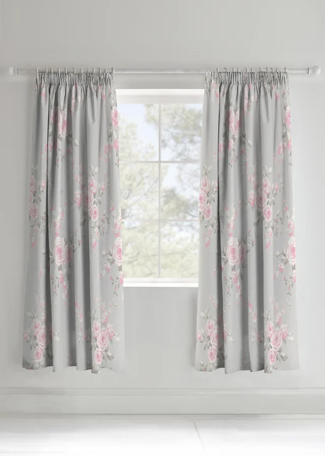 Catherine Lansfield Grey Canterbury Floral Lined Pencil Pleat Curtains Two Panels