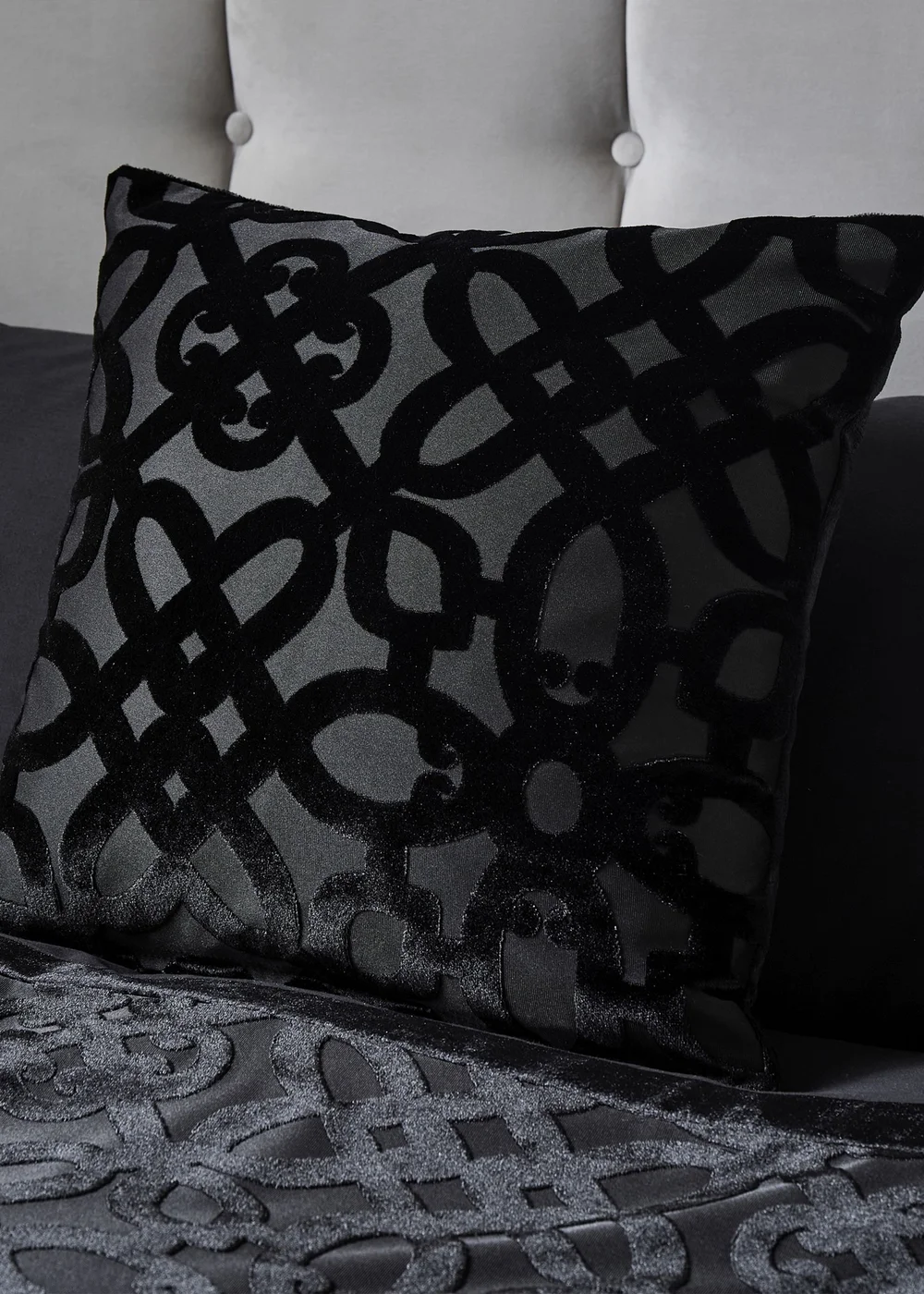 Catherine Lansfield Black Lattice Cut Velvet Cushion - 43W X 43D Image 1