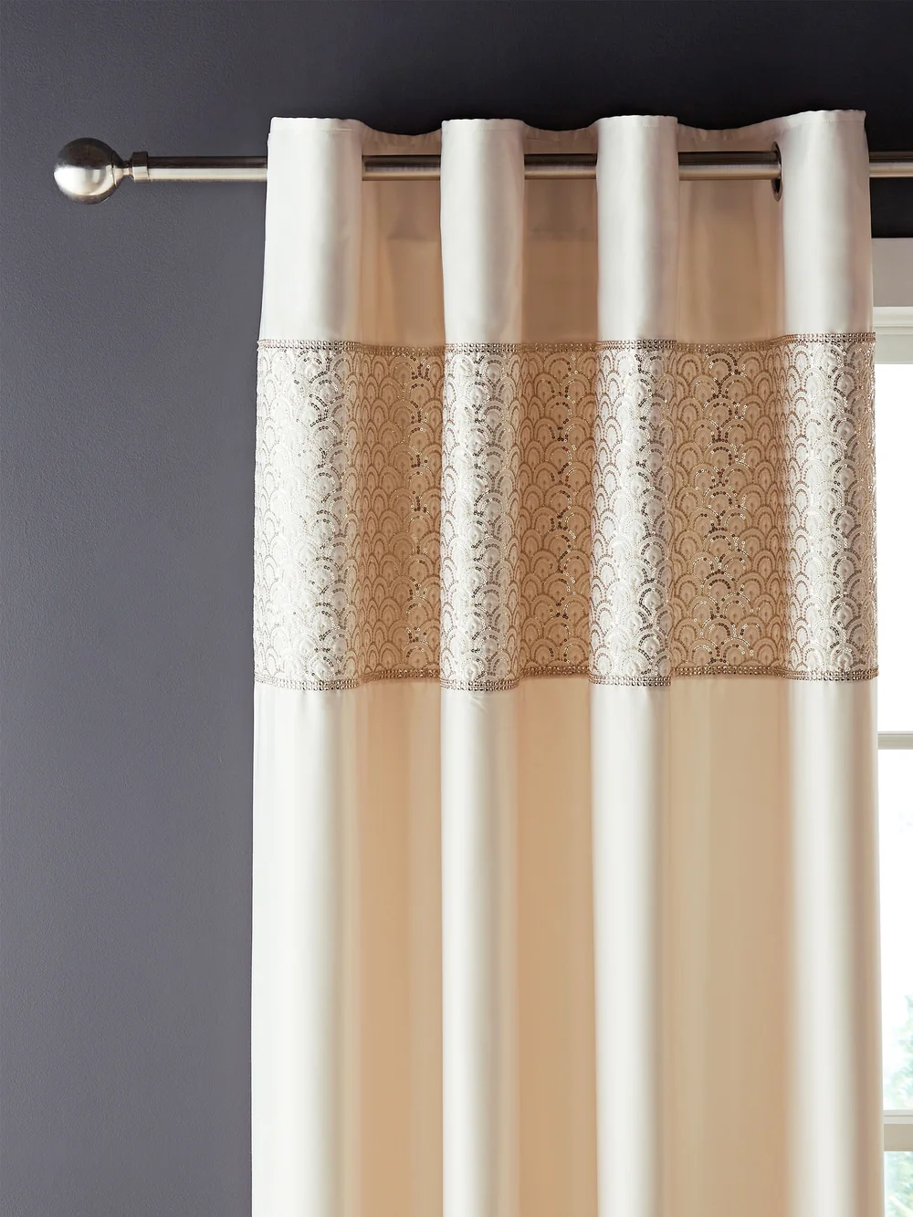 Catherine Lansfield Champagne Gold Deco Sequin Lined Eyelet Curtains Two Panels - 66W X 90D (168x228cm) Image 1