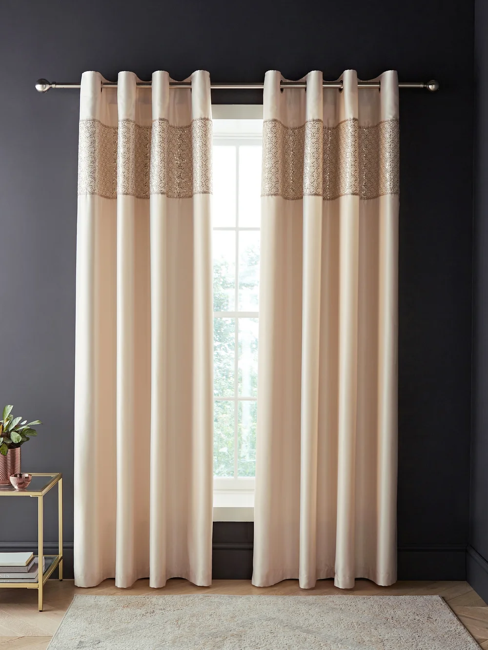 Catherine Lansfield Champagne Gold Deco Sequin Lined Eyelet Curtains Two Panels - 66W X 90D (168x228cm) Image 2