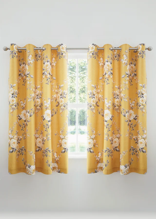 Catherine Lansfield Ochre Yellow Canterbury Floral Lined Eyelet Curtains Two Panels
