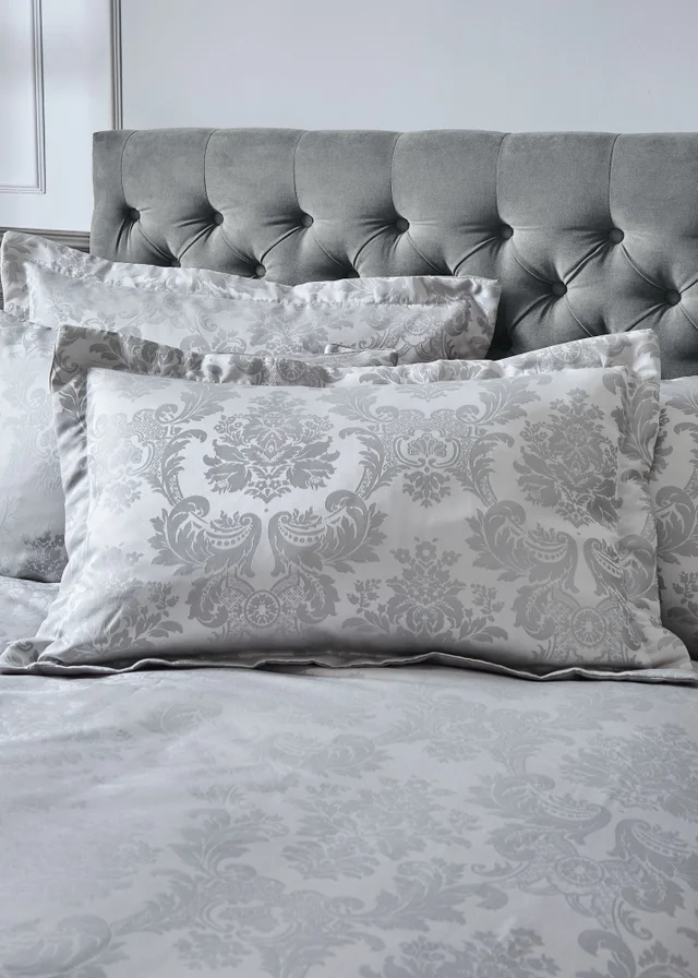 Catherine Lansfield Silver Grey Damask Jacquard Quilted Pillow Sham Pair