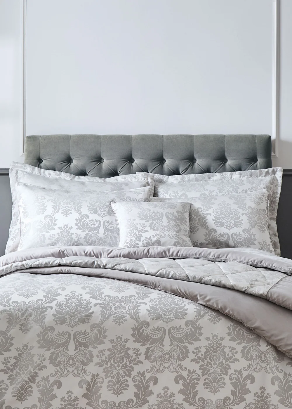 Catherine Lansfield Silver Grey Damask Jacquard Quilted Pillow Sham Pair - 2 Pack Image 2