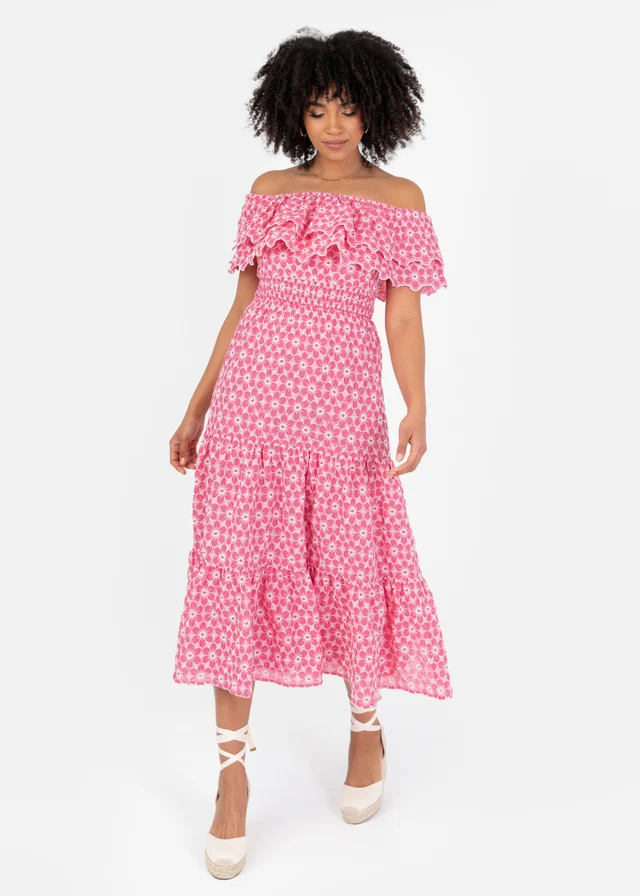 Lovedrobe Floral Embroidery Bardot Neck Pink Midi Dress